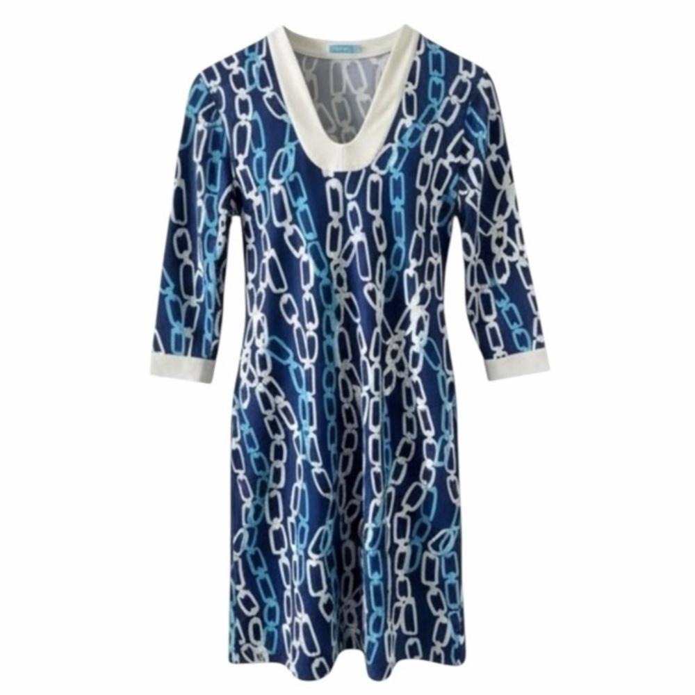 J. McLaughlin Blue and White Chain Print V-Neck 3/4 Sleeve Gisel Dress Size XS